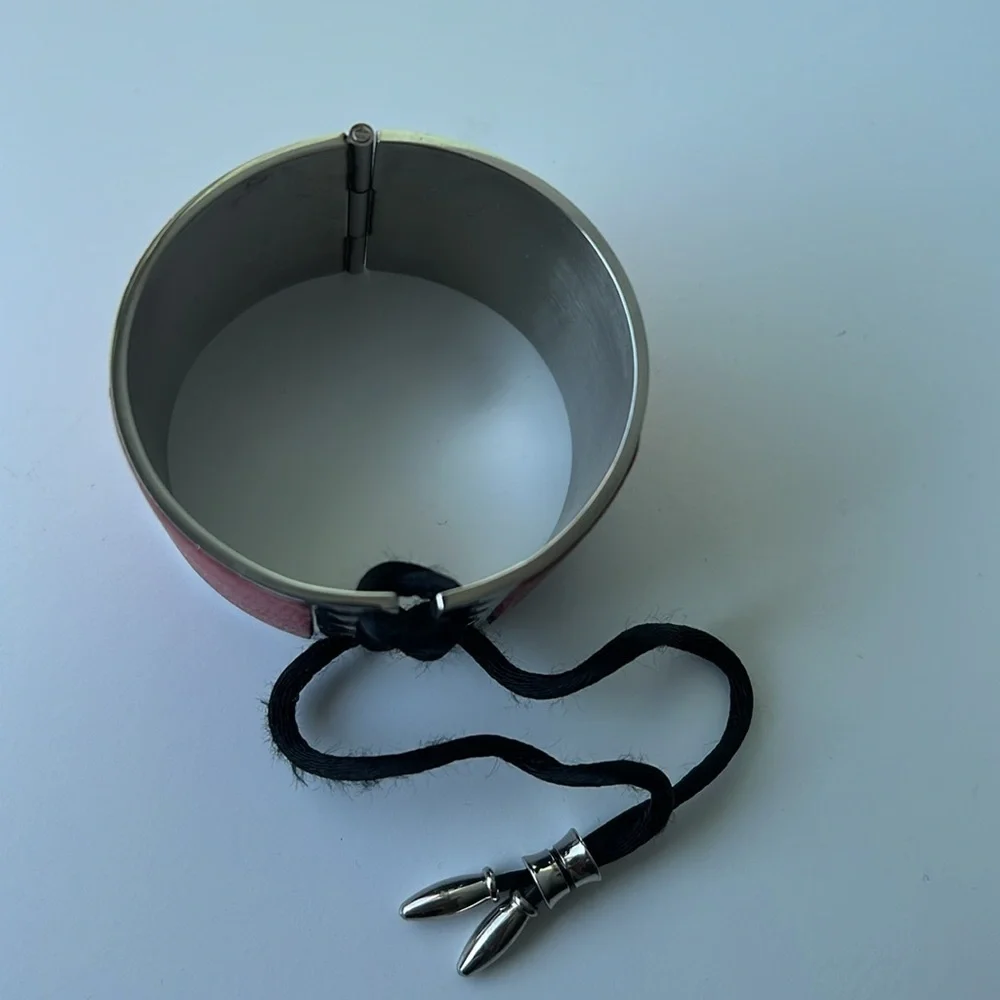 Adjustable red leather and silver hinged bracelet